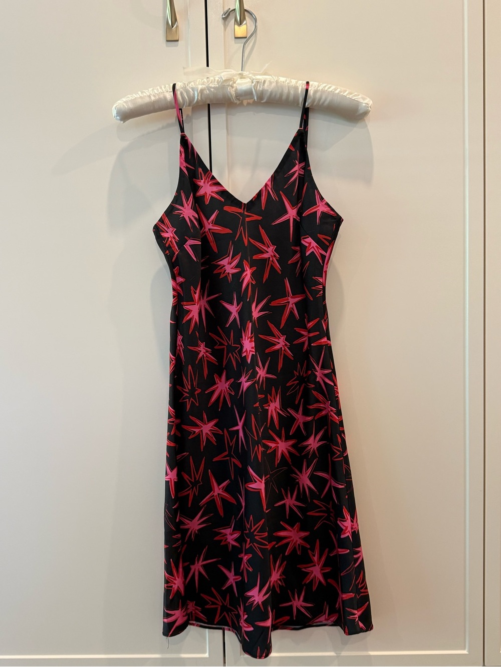 Tanya Taylor Pink & Black Star Print Slip Dress | Sleeveless Midi XS